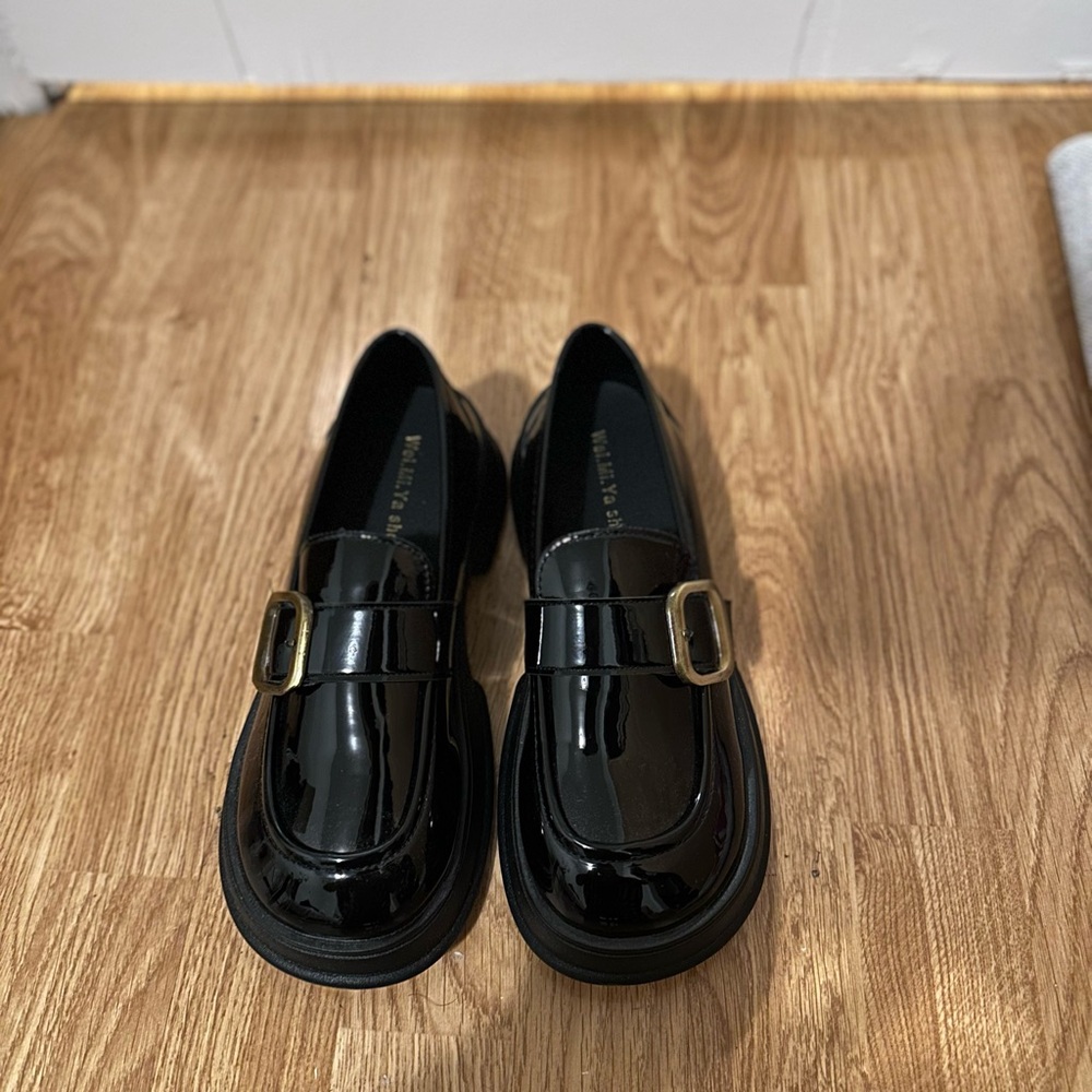 Black Patent Leather Loafers with Gold Buckle